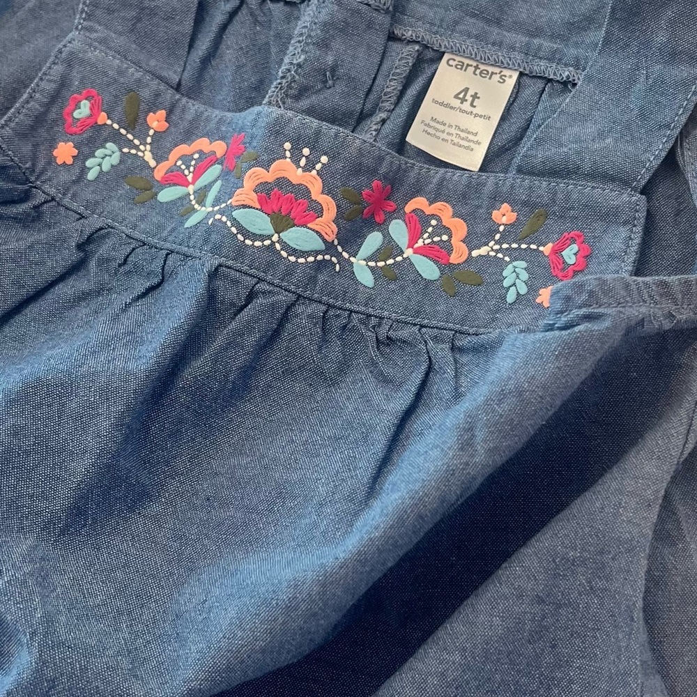 Carter's Kids Blue Chambray Tank Top with Floral Embroidery | Girls 4T LIKE NEW - Picture 3 of 4